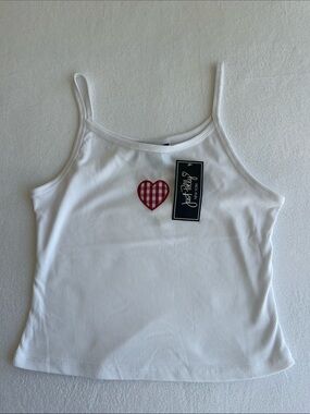 Just Polly White Ribbed Gingham Heart Cami Tank Top Size XL NWT Coquette Y2K